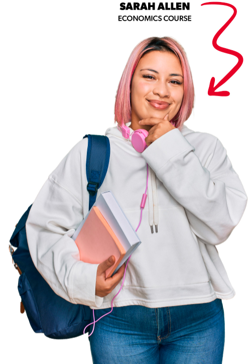 Photo of student carrying books and bag. Sarah Allan - Economics Course