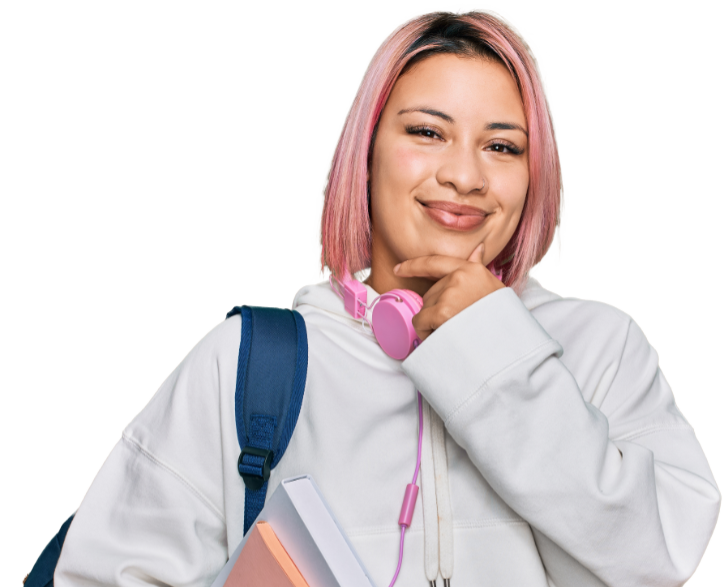 Student wearing pink headphones and carrying books